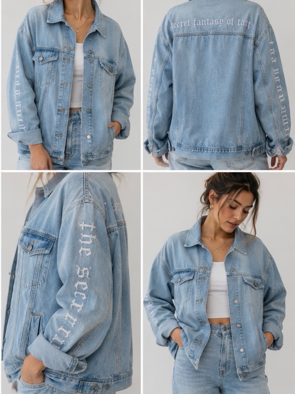TONLION Unisex Light Wash Denim Jacket Gothic Letter Embroidered Streetw Sz M